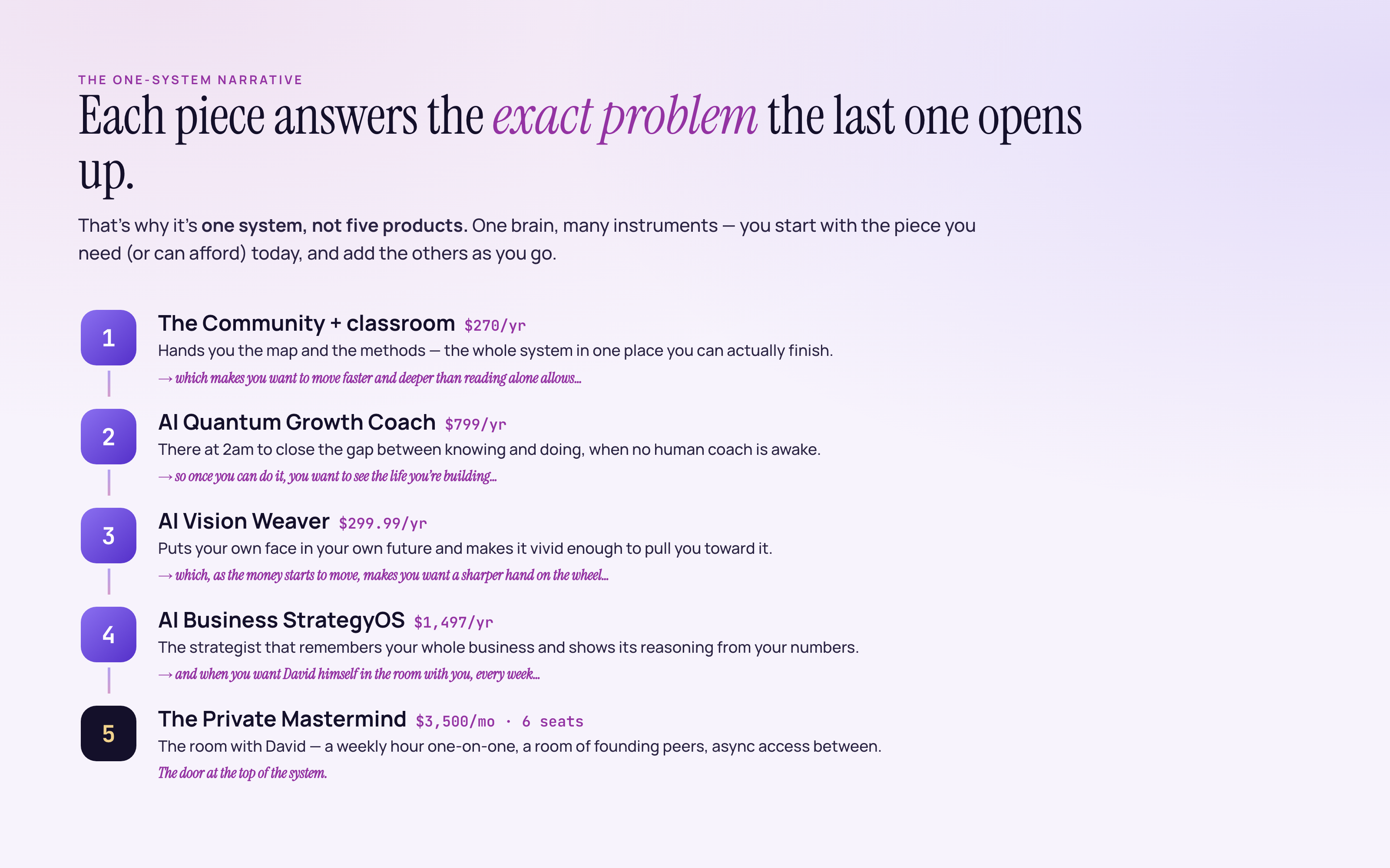 The one system: community → coach → vision → strategist → the room with David