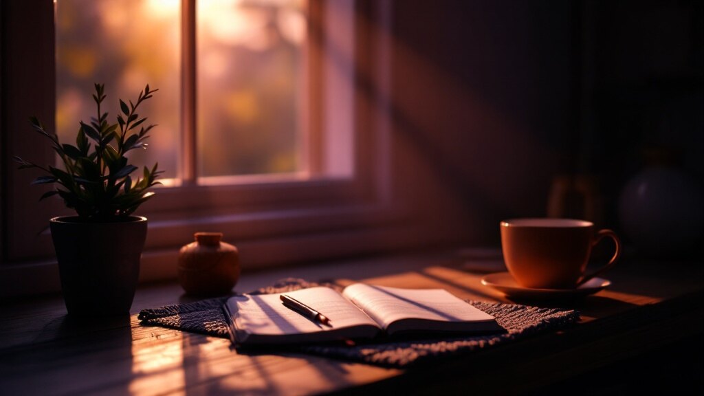 A journal, a pen and a warm cup by a window at golden hour — the quiet evening of someone who has done the work.